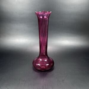 Vintage Pilgrim Hand Blown Cranberry Glass Vase 7 1/8" Ruffled Rim Collectible